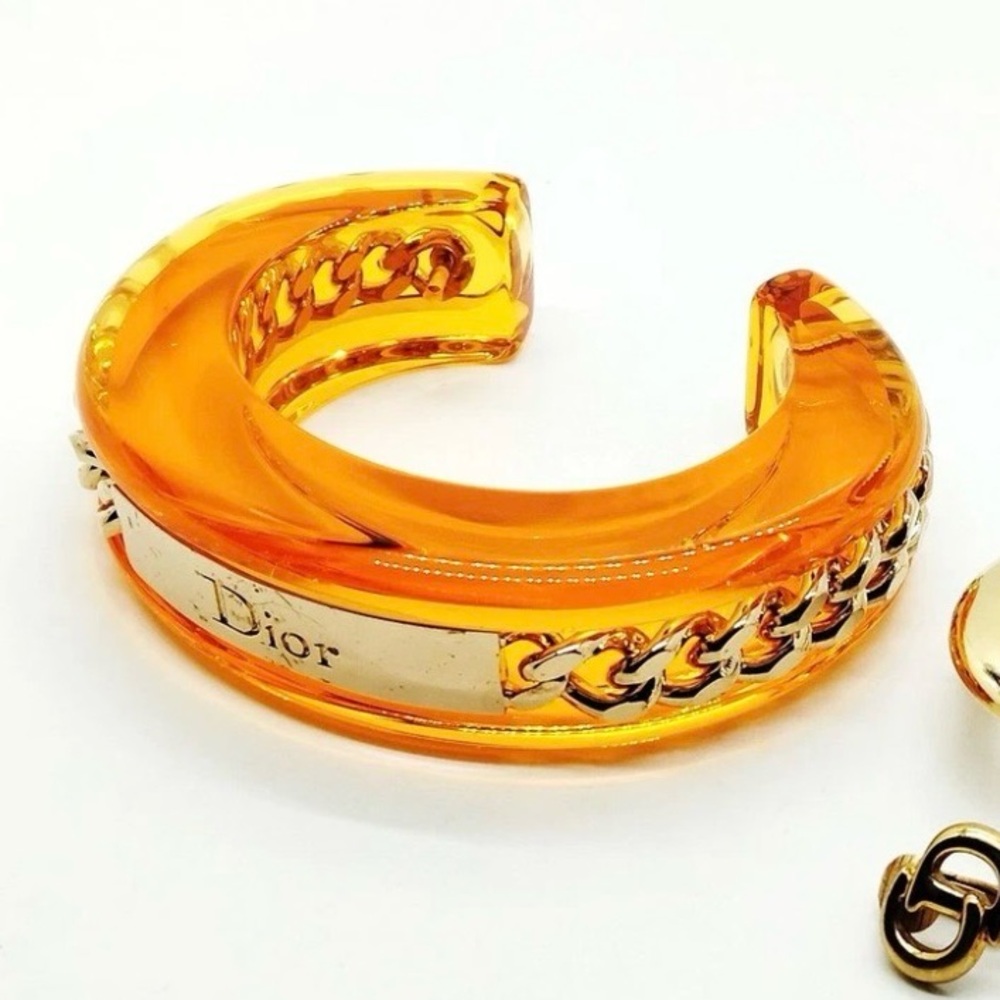Vintage Christian Dior Rare Runway John Galliano Amber Resin Gold Chain Bangle - Picture 2 of 7